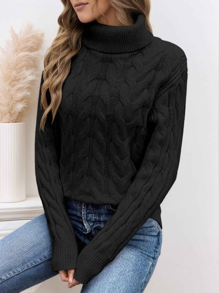 Women's Cable Knit Sweater Turtleneck Long-Sleeve Textured Relaxed Pullover Winter