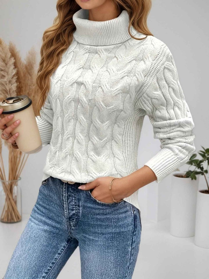 Women's Cable Knit Sweater Turtleneck Long-Sleeve Textured Relaxed Pullover Winter