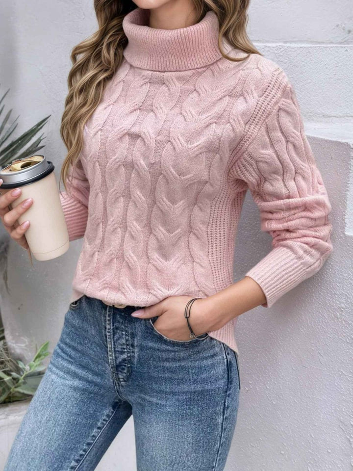 Women's Cable Knit Sweater Turtleneck Long-Sleeve Textured Relaxed Pullover Winter