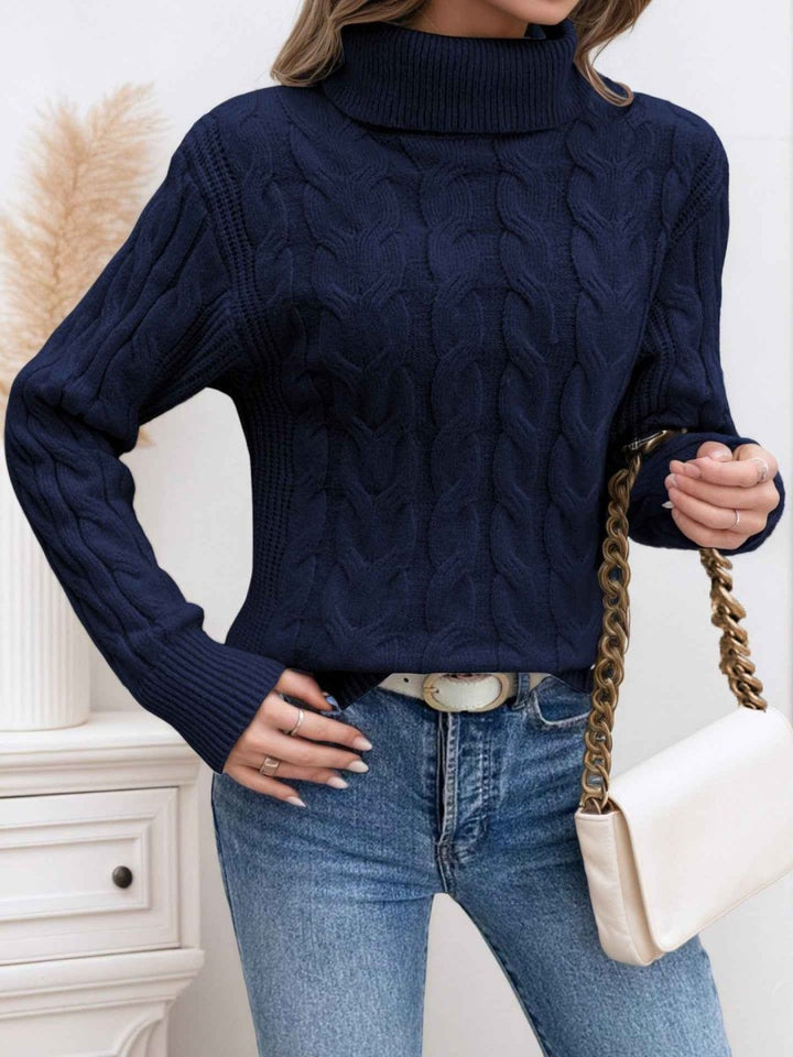 Women's Cable Knit Sweater Turtleneck Long-Sleeve Textured Relaxed Pullover Winter