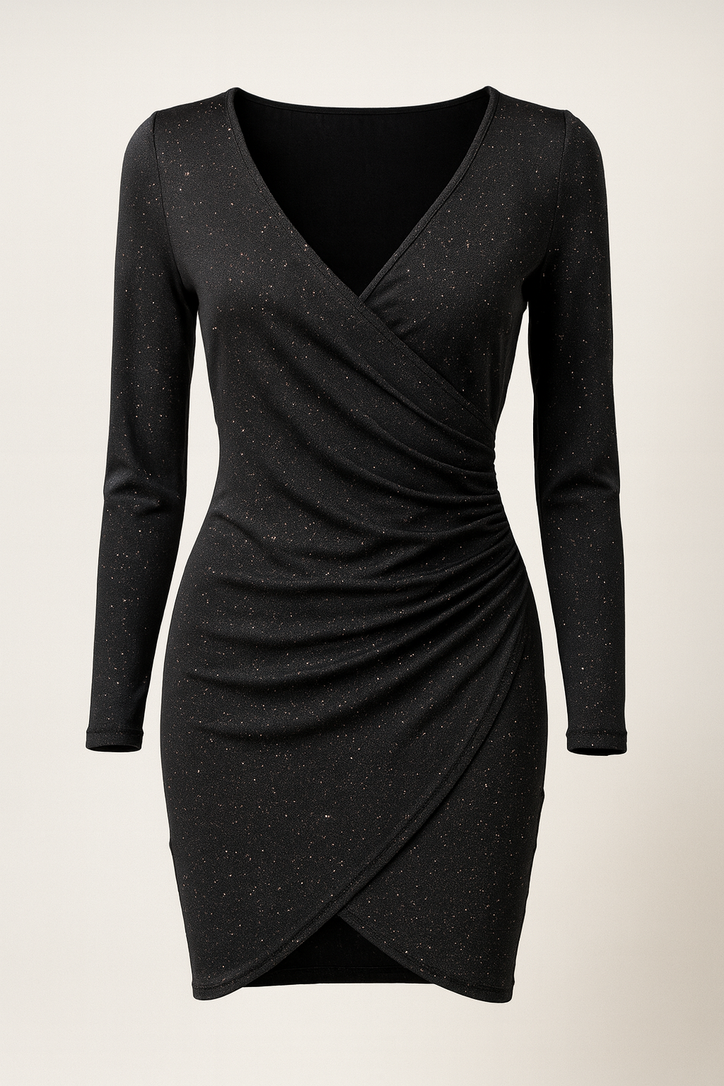 Women's Glitter Bodycon Mini Dress V-Neck Wrap Ruched Long-Sleeve Black