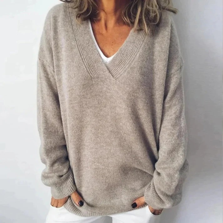 Women's Taupe Knit Sweater V-Neck Long-Sleeve Oversized Relaxed Pullover