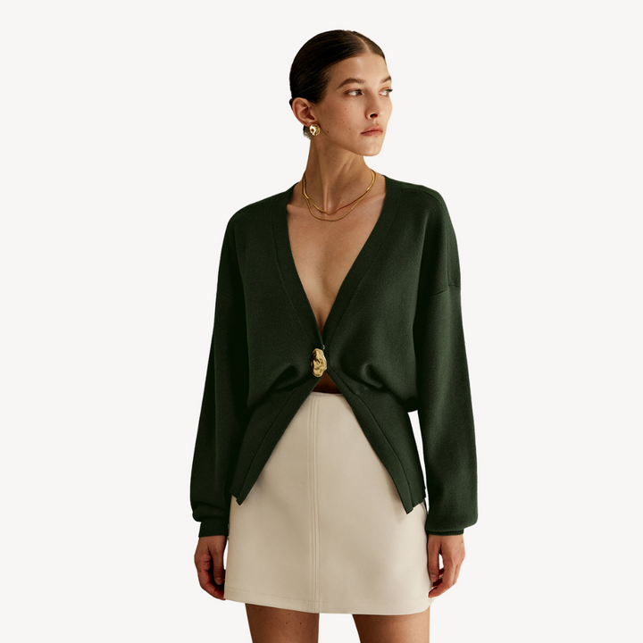 Women's Fine Knit V-Neck Cardigan Gold-Button Batwing-Sleeve Relaxed Cropped