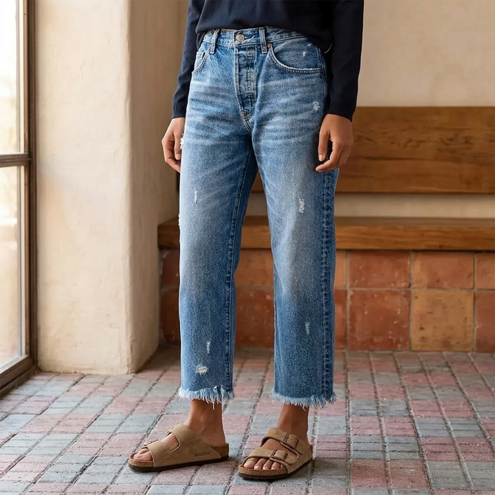 Women's Cropped Straight Leg Jeans High Waist Frayed Hem Distressed Denim