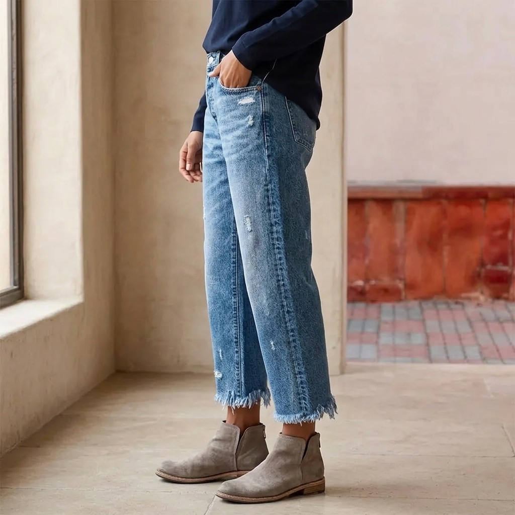 Women's Cropped Straight Leg Jeans High Waist Frayed Hem Distressed Denim