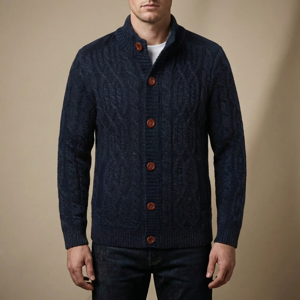 Men's Cable Knit Cardigan Button-Front Stand Collar Suede Winter