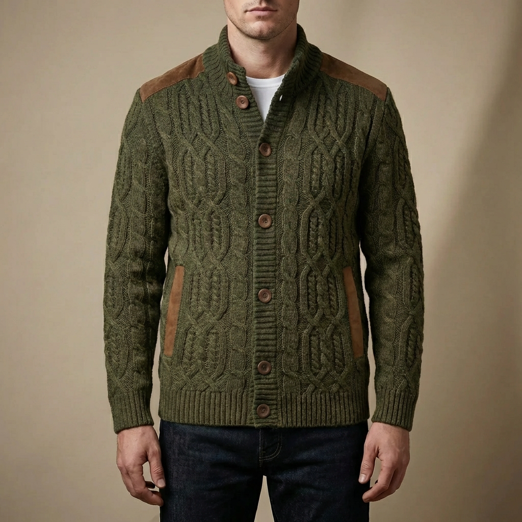 Men's Cable Knit Cardigan Button-Front Stand Collar Suede Winter