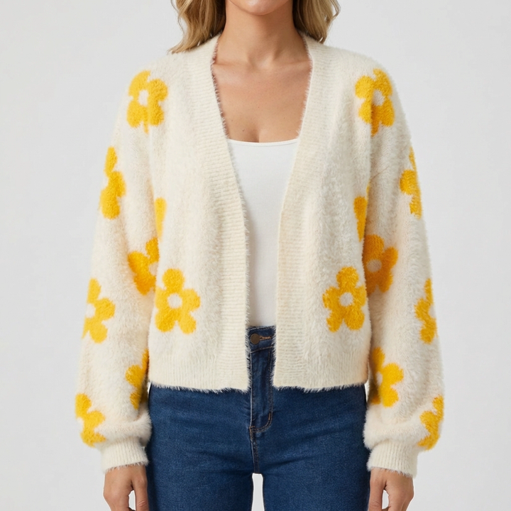 Women's Floral Knit Cardigan Open Front Long-Sleeve Fuzzy Daisy Pattern Cropped Relaxed