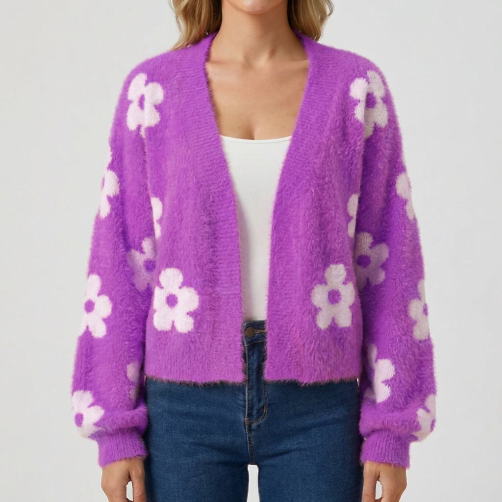 Women's Floral Knit Cardigan Open Front Long-Sleeve Fuzzy Daisy Pattern Cropped Relaxed