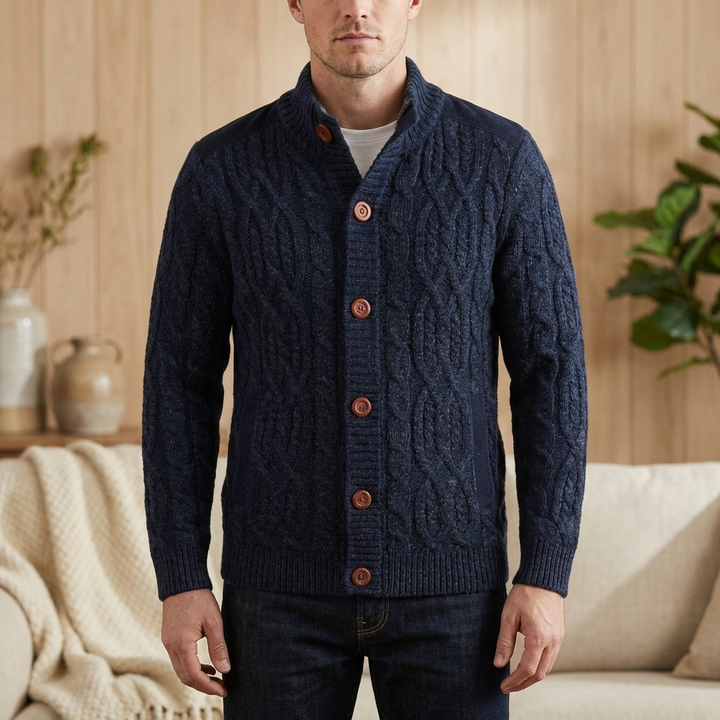 Men's Cable Knit Cardigan Button-Front Stand Collar Suede Winter