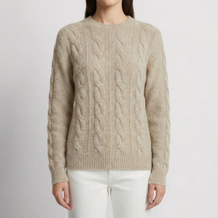 Women's Cable Knit Sweater Round Neck Long-Sleeve Aran Relaxed Pullover Winter Cozy