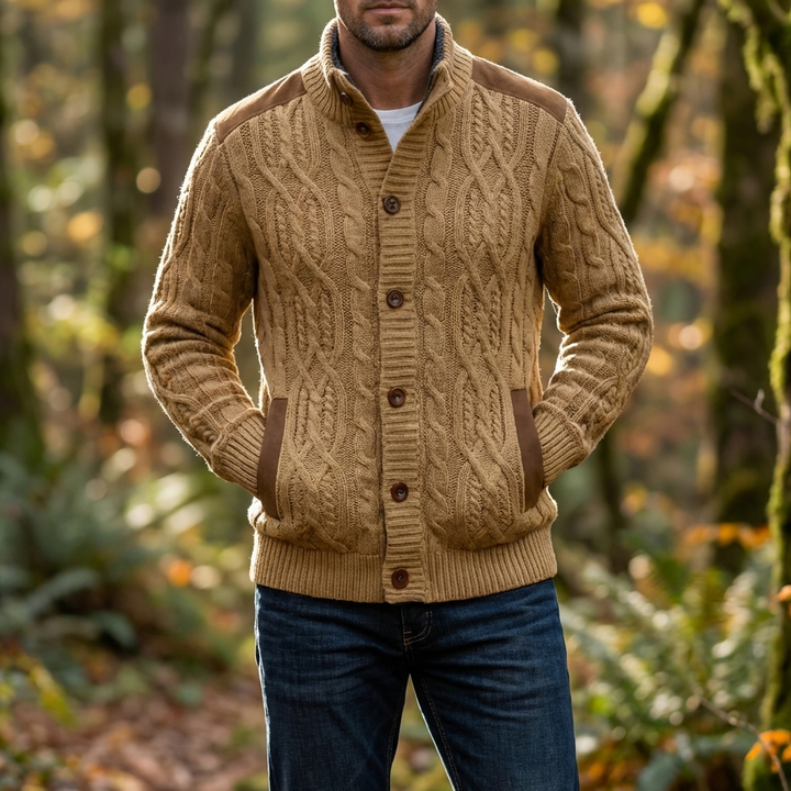 Men's Cable Knit Cardigan Button-Front Suede Trim Chunky Winter