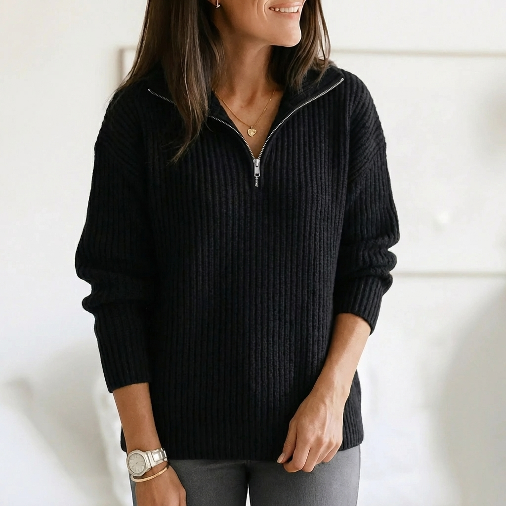 Women's Half-Zip Knit Pullover Stand Collar Ribbed Chunky Winter