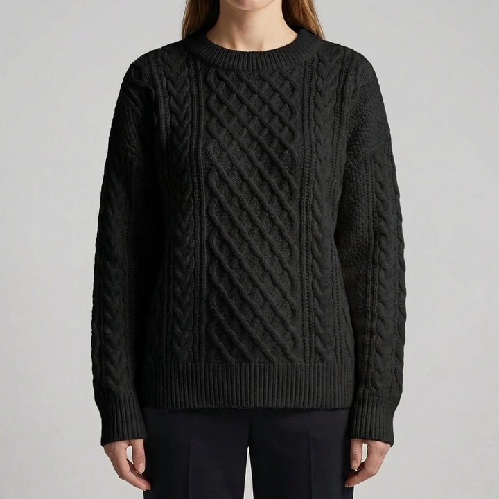 Women's Cable Knit Sweater Round Neck Long-Sleeve Aran Relaxed Pullover Winter