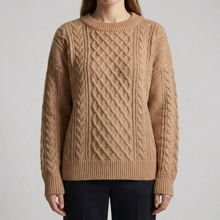 Women's Cable Knit Sweater Round Neck Long-Sleeve Aran Relaxed Pullover Winter