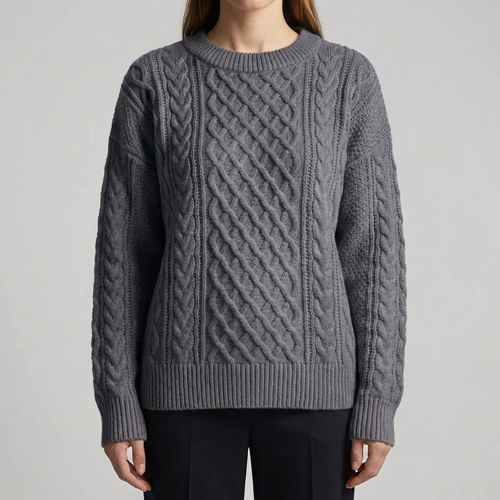 Women's Cable Knit Sweater Round Neck Long-Sleeve Aran Relaxed Pullover Winter