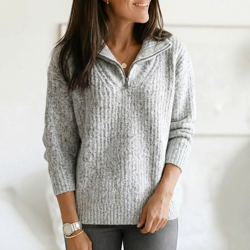 Women's Half-Zip Knit Pullover Stand Collar Ribbed Chunky Winter