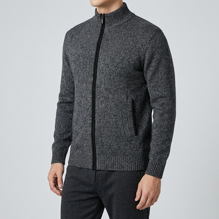 Men's Zip-Up Knit Cardigan Full-Zip Stand Collar Contrast Trim