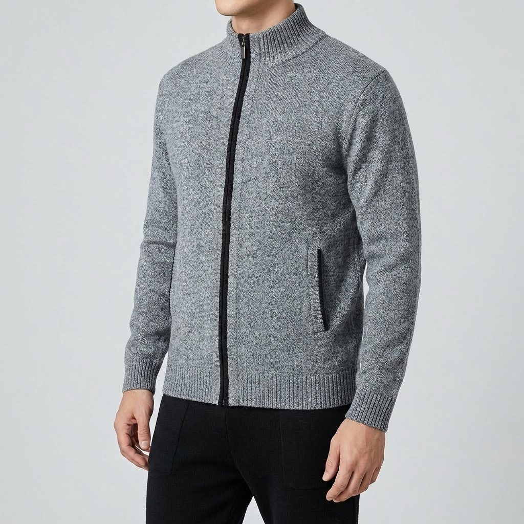 Men's Zip-Up Knit Cardigan Full-Zip Stand Collar Contrast Trim