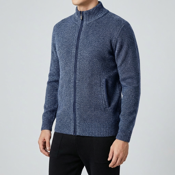Men's Zip-Up Knit Cardigan Full-Zip Stand Collar Contrast Trim