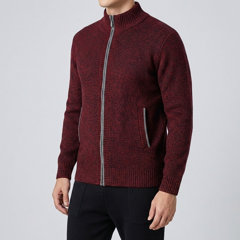 Men's Zip-Up Knit Cardigan Full-Zip Stand Collar Contrast Trim