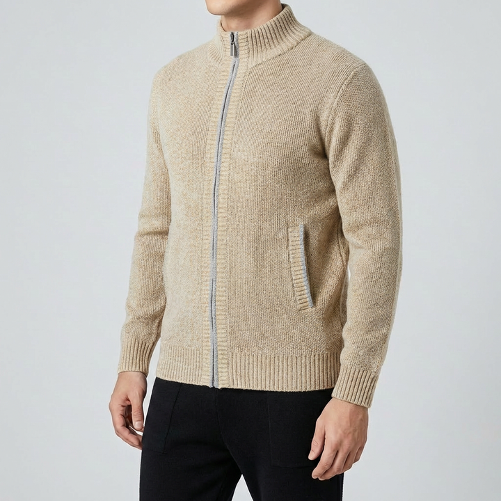 Men's Zip-Up Knit Cardigan Full-Zip Stand Collar Contrast Trim