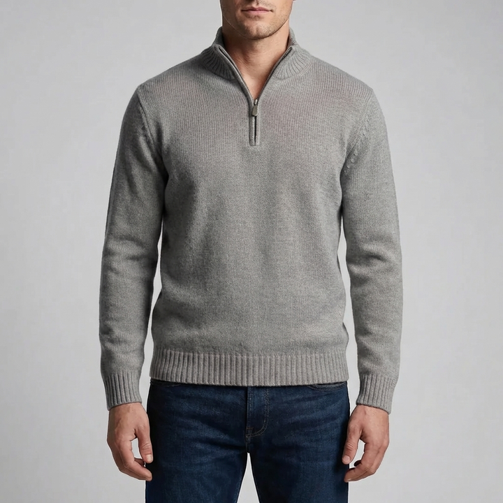 Men's Half-Zip Knit Sweater Stand Collar Ribbed Quarter-Zip Pullover