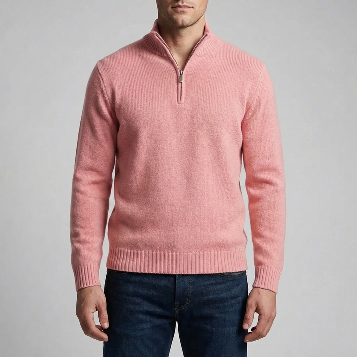 Men's Half-Zip Knit Sweater Stand Collar Ribbed Quarter-Zip Pullover