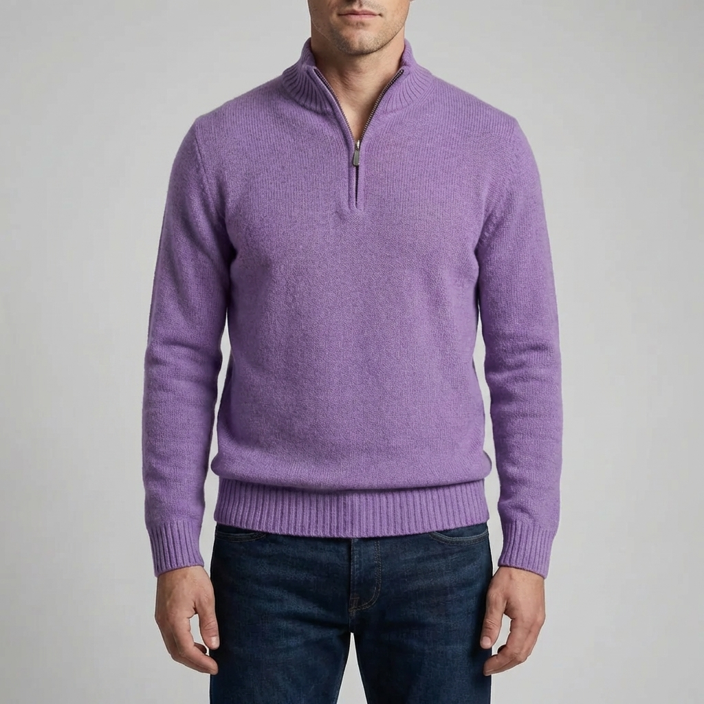 Men's Half-Zip Knit Sweater Stand Collar Pullover Ribbed Relaxed