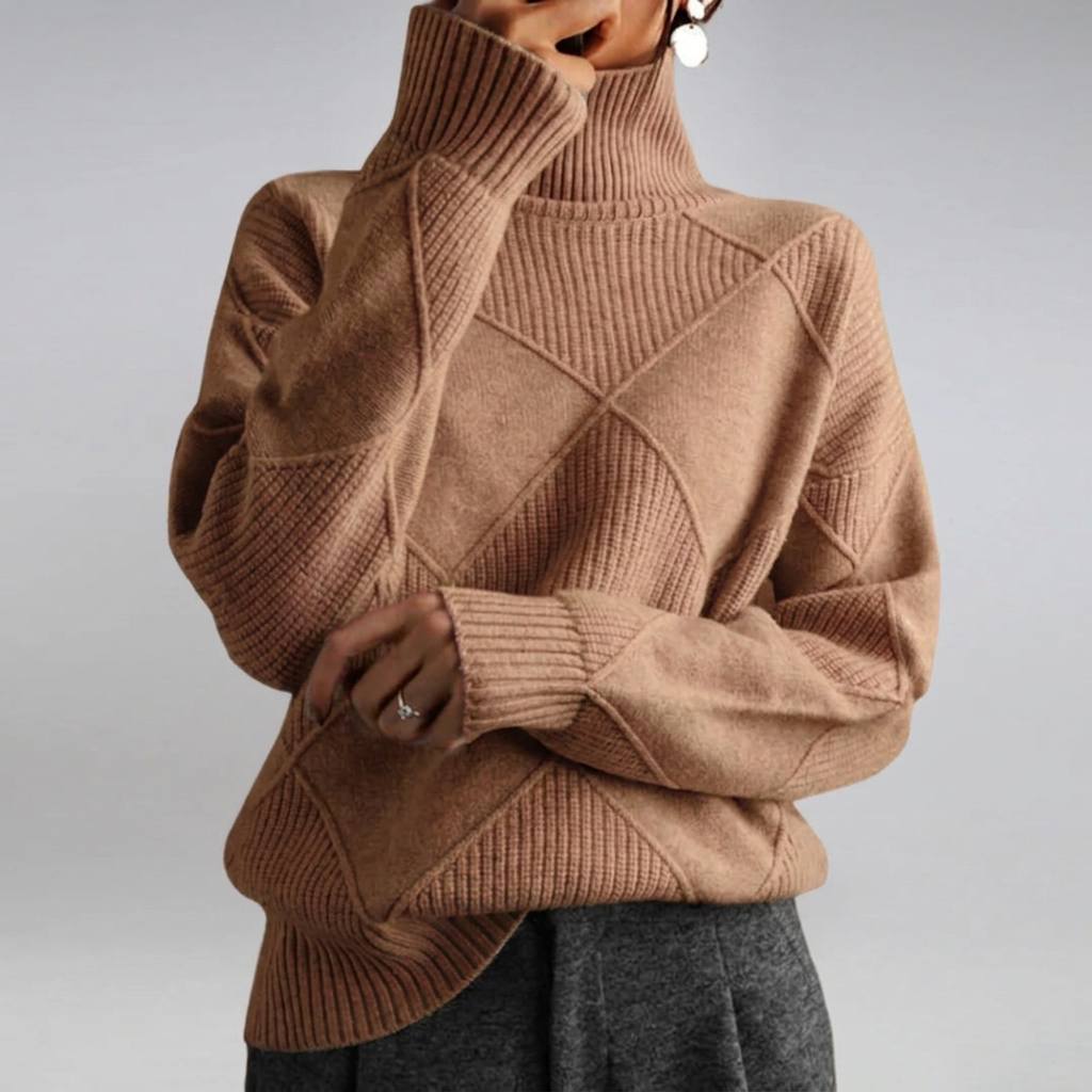 Women's Turtleneck Knit Sweater Long-Sleeve Diamond Textured Relaxed Pullover Winter Warm
