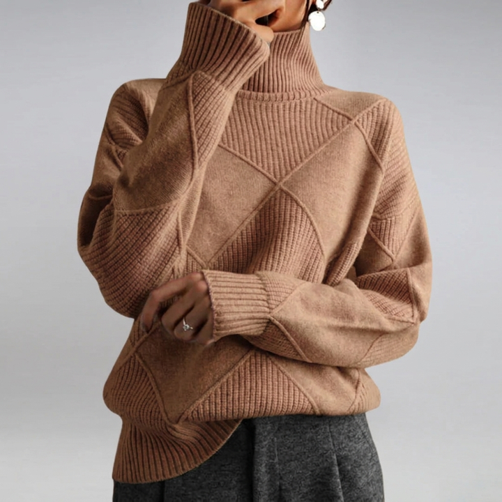 Women's Turtleneck Knit Sweater Long-Sleeve Diamond Textured Relaxed Pullover Winter Warm