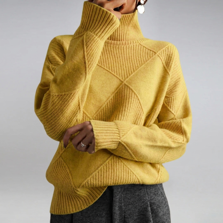 Women's Turtleneck Knit Sweater Long-Sleeve Diamond Textured Relaxed Pullover Winter Warm