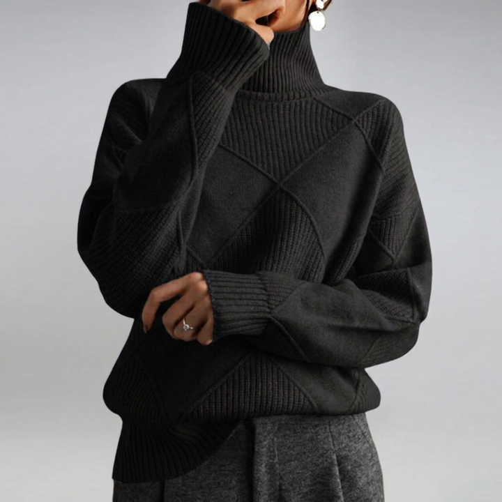 Women's Turtleneck Knit Sweater Long-Sleeve Diamond Textured Relaxed Pullover Winter Warm