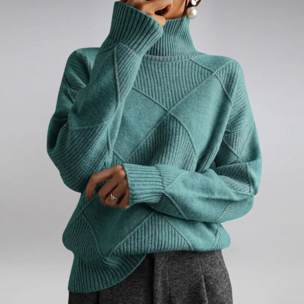 Women's Turtleneck Knit Sweater Long-Sleeve Diamond Textured Relaxed Pullover Winter Warm