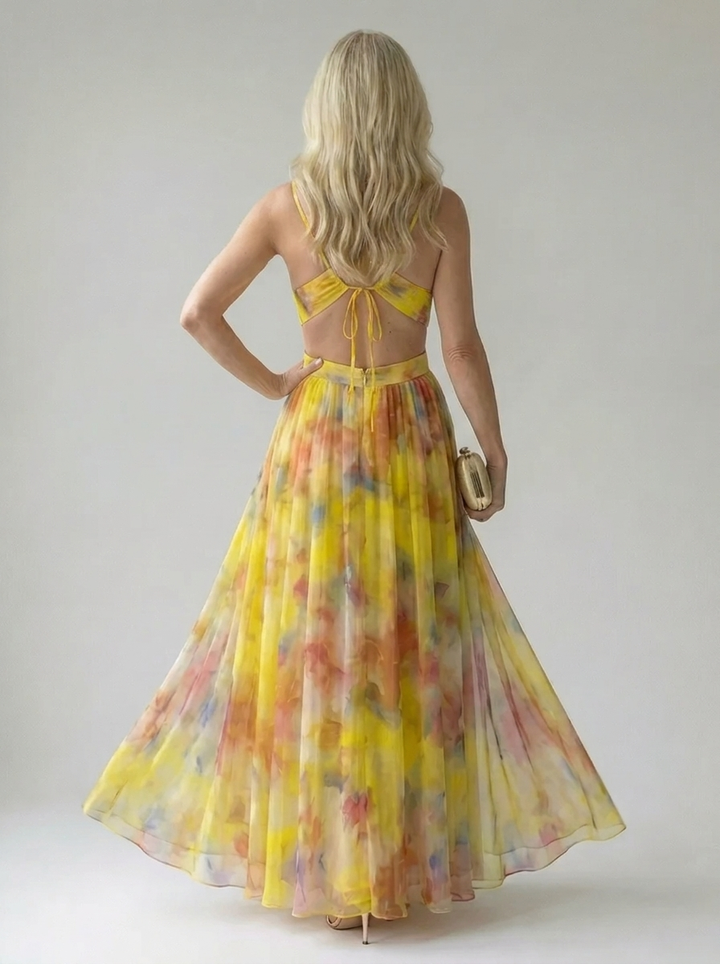 Women's Floral Chiffon Maxi Dress V-Neck Wrap Tulle Flowy Elegant