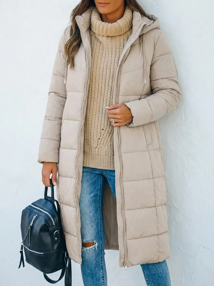 Women's Hooded Longline Quilted Puffer Coat Zip-Up Padded Winter Jacket