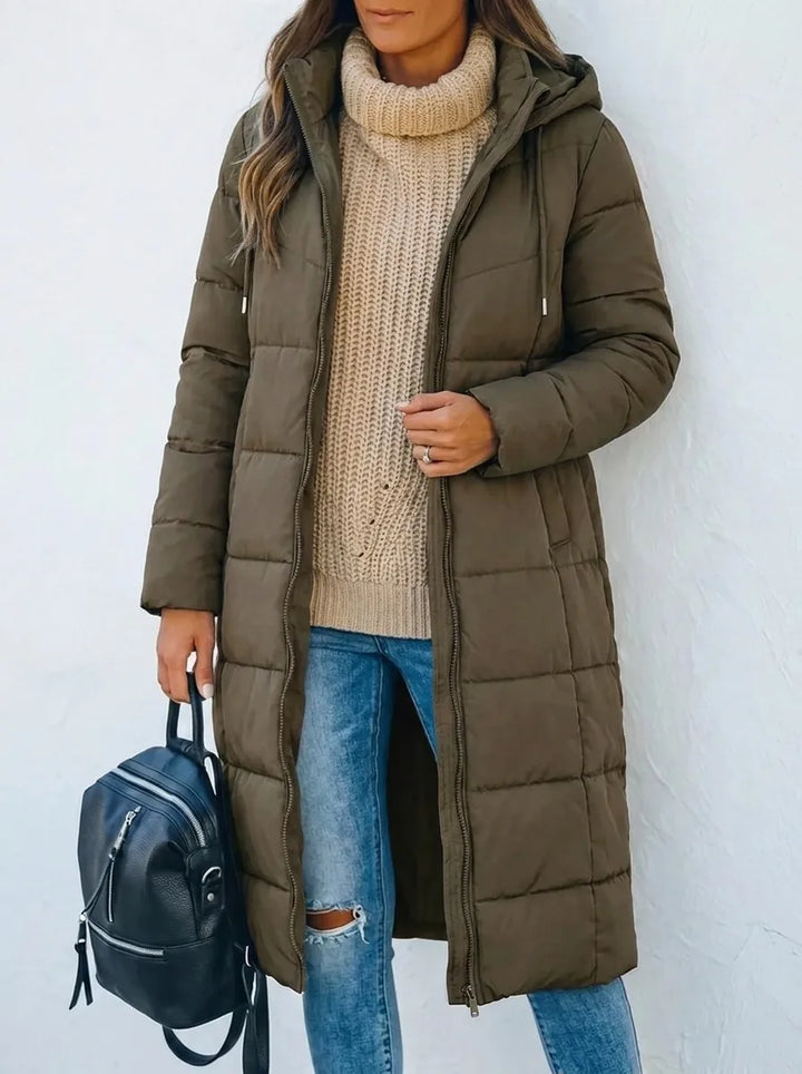 Women's Hooded Longline Quilted Puffer Coat Zip-Up Padded Winter Jacket