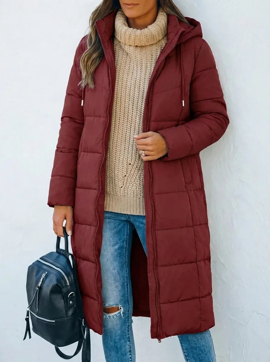 Women's Hooded Longline Quilted Puffer Coat Zip-Up Padded Winter Jacket