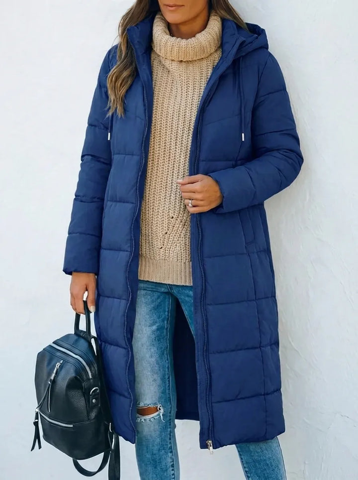 Women's Hooded Longline Quilted Puffer Coat Zip-Up Padded Winter Jacket
