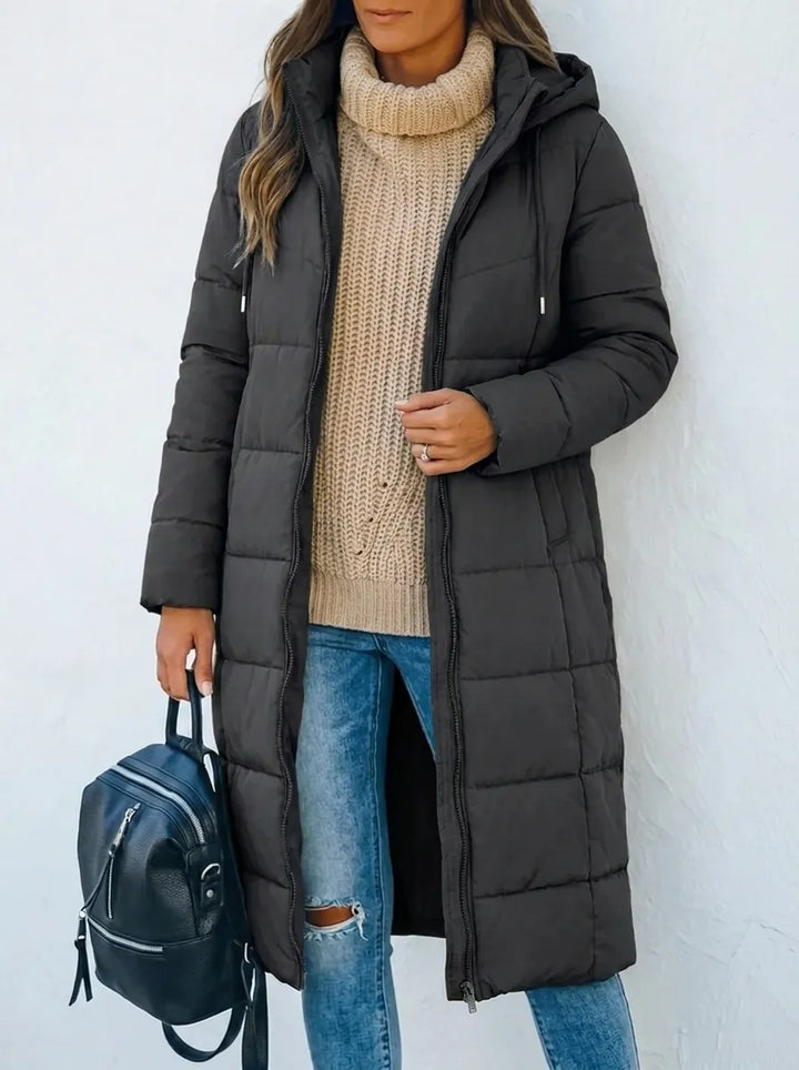 Women's Hooded Longline Quilted Puffer Coat Zip-Up Padded Winter Jacket