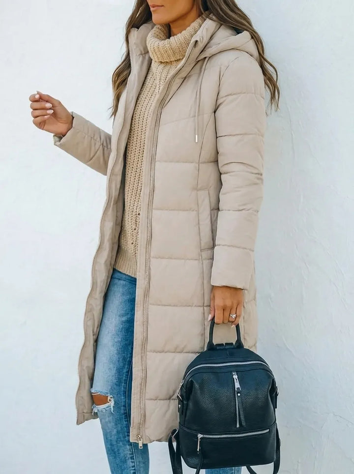 Women's Hooded Longline Quilted Puffer Coat Zip-Up Padded Winter Jacket