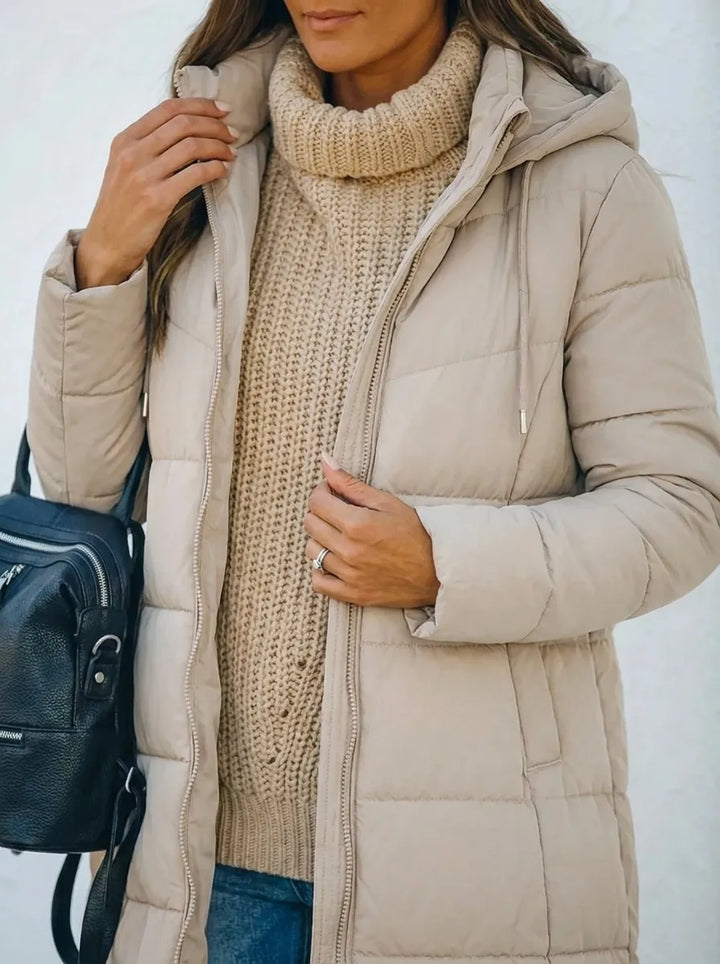 Women's Hooded Longline Quilted Puffer Coat Zip-Up Padded Winter Jacket