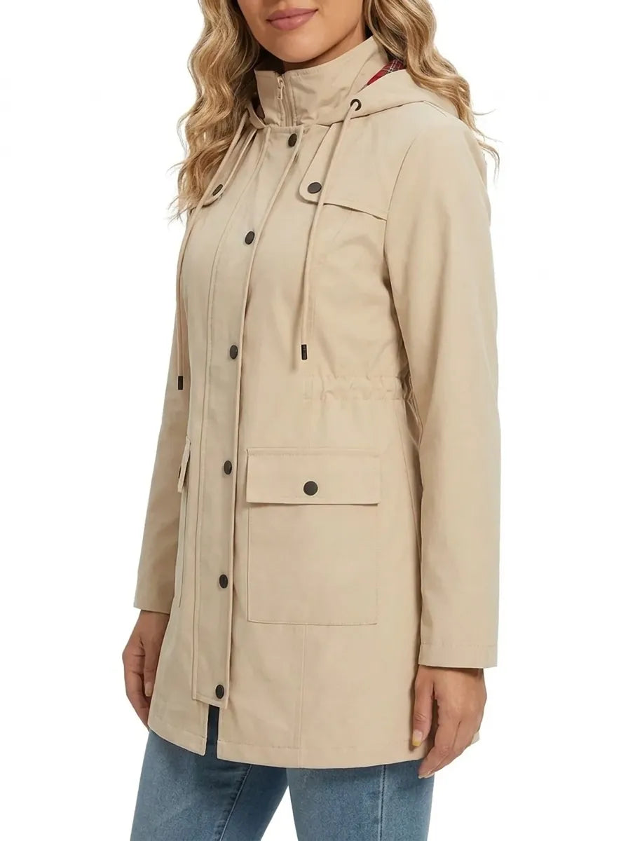Women's Hooded Snap-Front Parka Jacket Drawstring Waist Pocket Winter Coat