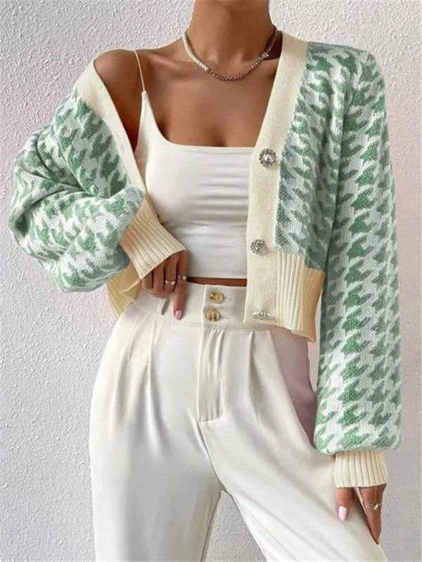 Women's Houndstooth Knit Cardigan V-Neck Lantern Sleeve Cropped Jewel-Button