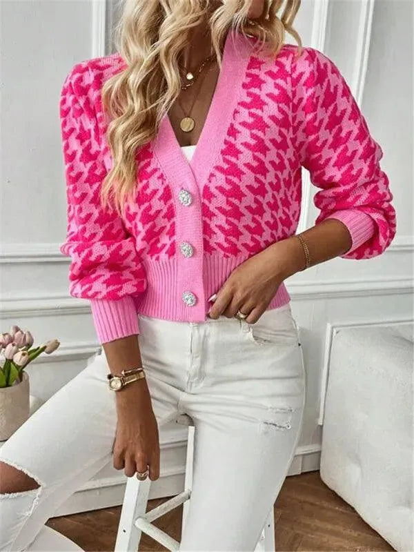 Women's Houndstooth Knit Cardigan V-Neck Lantern Sleeve Cropped Jewel-Button