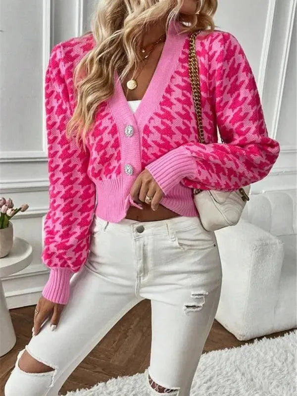 Women's Houndstooth Knit Cardigan V-Neck Lantern Sleeve Cropped Jewel-Button