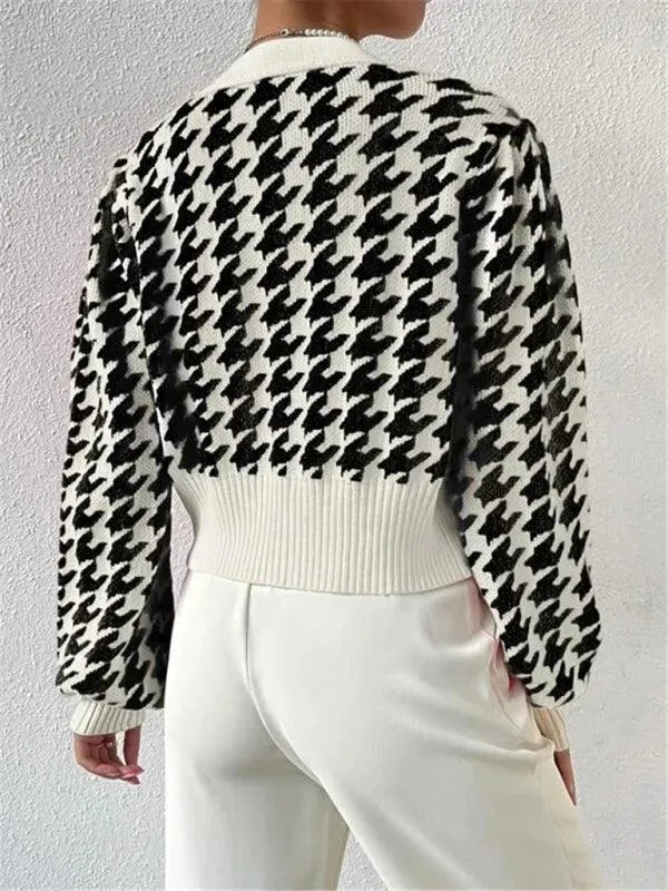 Women's Houndstooth Knit Cardigan V-Neck Lantern Sleeve Cropped Jewel-Button