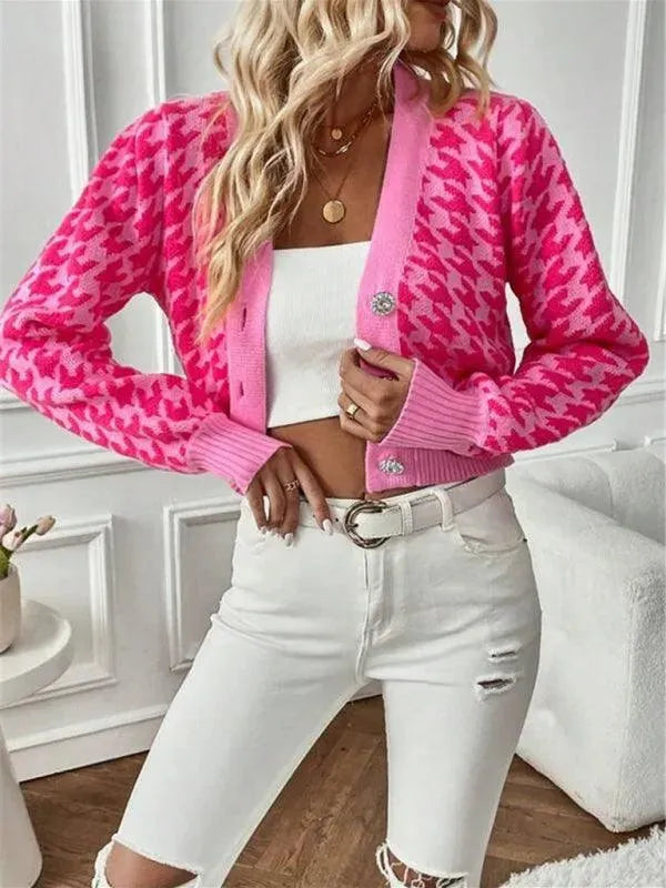 Women's Houndstooth Knit Cardigan V-Neck Lantern Sleeve Cropped Jewel-Button