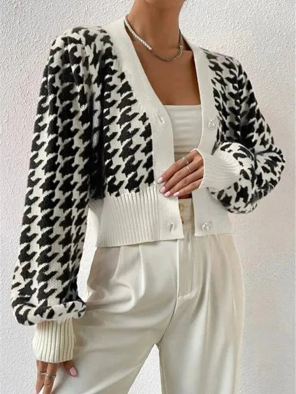 Women's Houndstooth Knit Cardigan V-Neck Lantern Sleeve Cropped Jewel-Button