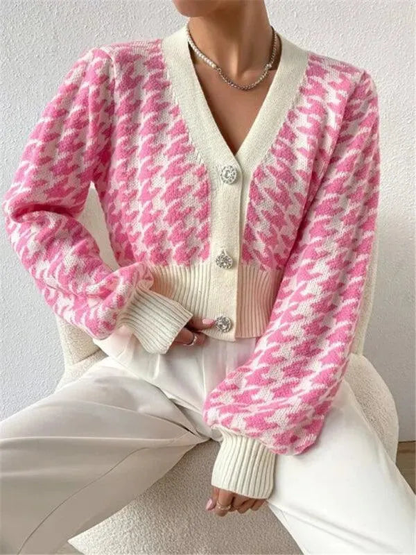 Women's Houndstooth Knit Cardigan V-Neck Lantern Sleeve Cropped Jewel-Button